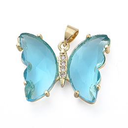 Honeyhandy Brass Micro Pave Clear Cubic Zirconia Pendants, with Glass, Butterfly, Golden, Light Cyan, 20x26.5x5mm