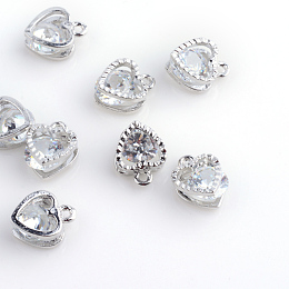 PandaHall Elite 100pcs Clear Cubic Zirconia Alloy Charms, heart-shaped, Platinum, 12x8.5x5mm, Hole: 1mm, 100pcs