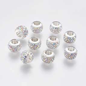 Honeyhandy 304 Stainless Steel European Beads, with Polymer Clay Rhinestone, Large Hole Beads, Rondelle, Crystal AB, 11x7.5mm, Hole: 5mm