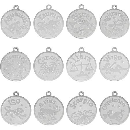 SUNNYCLUE 304 Other Pendants & Charms, Flat Round with Twelve Constellation, Laser Cut, Stainless Steel Color, 25x22x1.5mm, Hole: 2mm; 12pcs/box