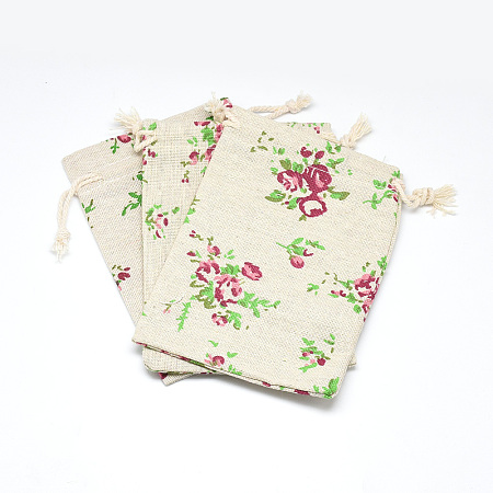 Honeyhandy Polycotton(Polyester Cotton) Packing Pouches Drawstring Bags, with Printed Flower, Wheat, 14x10cm