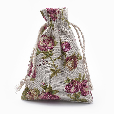 Honeyhandy Polycotton(Polyester Cotton) Packing Pouches Drawstring Bags, with Printed Flower, Old Lace, 14x10cm