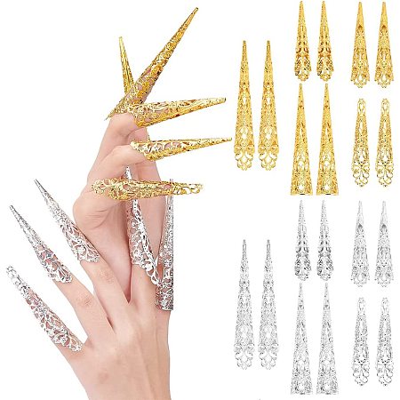PandaHall 5 Sizes Finger Ring Claws, 20 Pack Finger Nail Tip Gold Long Nails Claws Silver Fingernail Claw Nail Photo Accessoriesfor Nail Costume Halloween Cosplay Drama Dance Show