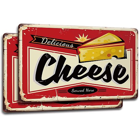 GLOBLELAND 2PCS Delicious Cheese Vintage Metal Tin Sign Restroom Sign Decor Home and Business Plaques Wall Sign 7.8×11.8inch