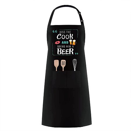 CREATCABIN Apron Kiss The Cook Apron and Bring Him A Beer Adjustable Bib Apron Waterproof Resistant 2 Pockets for Women Men Chef Gifts Home Kitchen Restaurant Coffee House Black 30.3 x 23.2inch