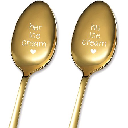 GLOBLELAND 2Pcs His & Her Ice Cream Spoon with Gift Box Golden Stainless Steel Table Spoons for Friends Families Festival Christmas Birthday Wedding, 7.2''