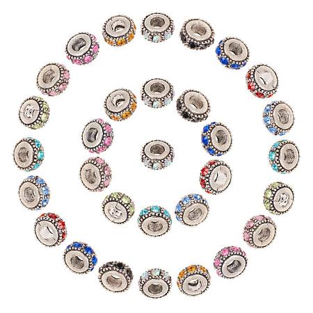 ARRICRAFT 50 Pcs Alloy Rhinestone Flat Round European Beads with Large Hole Dangle Charms Sets fit Snake Style Charm Bracelets Antique Silver