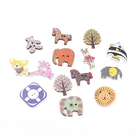 Honeyhandy 2-Hole Printed Wooden Sewing Buttons, Mixed Shapes, Mixed Color, 17~35x15.5~35x2~4mm, Hole: 1~1.8mm