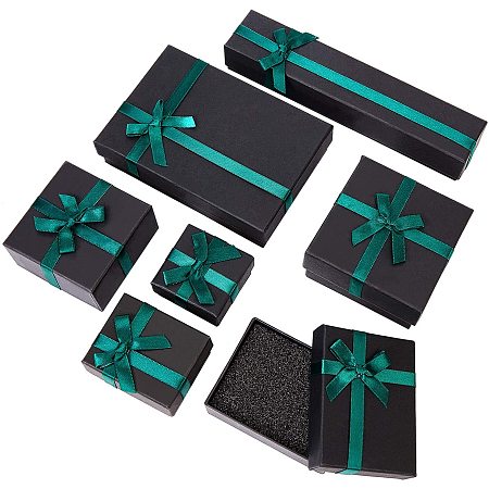 NBEADS 7 Pcs 7 Sizes Jewelry Box, Black Cardboard Gift Box with Green Ribbon Bowknot for DIY Necklace Bracelet Packing