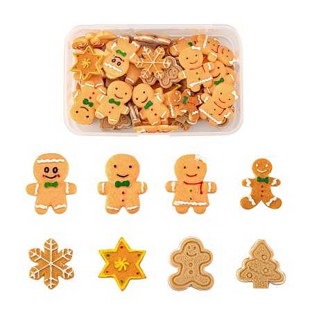 ARRICRAFT 48Pcs/Box Resin Cabochons, Imitation Food Biscuits, Christmas Tree & Gingerbread Man & Leaf & Star, Mixed Color, 23~31x21~26x4~6mm, 8 style, 6pcs/style