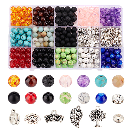 ARRICRAFT DIY Jewelry Making Finding Kit, Including Natural & Synthetic Mixed Gemstone & Resin Imitation Amber & Glass Round & Rhinestone Spacer Beads, Alloy Tree & Leaf Pendant & Findings, Mixed Color, 467Pcs/box