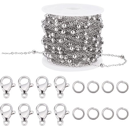 Beebeecraft 32.8 Feet Necklace Chains for Jewelry Making Platinum Plated Satellite Chain with 4mm Balls Beaded Link Cable Chain with 20 Lobster Claw Clasps and 50 Jump Rings for Jewelry Making