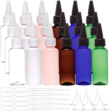 BENECREAT 18 Packs 1.7 Ounce PET Plastic Tip Applicator Dispensing Bottles with White and Black Caps, 10Pcs Droppers, 6Pcs Funnels for Glue Paint Crafts Work， 6 Mixed Color