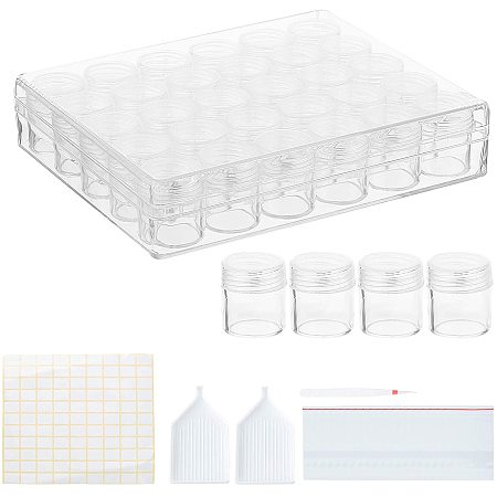 BENECREAT 30pcs 1.14x1.02 Inch Clear Plastic Bead Jars with Large Storage Container, 20PCS Clear ZipLock Bags, 2PCS Tray Plate, 1PCS Tweezers and 2 PCS Label Paster for Diamond, Nail Crystals