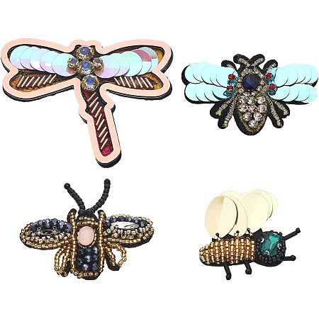 CHGCRAFT 4Styles Bee Beaded Patches Insect Bee Sewing Patch Handmade Clothes Embroidery Applique Dragonfly Iron on Patch for Jean Jacket Clothing Scrapbook Bag Shoes DIY Decor