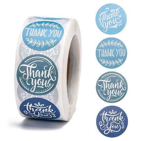 Honeyhandy 1 Inch Thank You Stickers, Self-Adhesive Kraft Paper Gift Tag Stickers, Adhesive Labels, for Festival, Christmas, Holiday Presents, with Word Thank You, Blue, Sticker: 25mm, 500pcs/roll