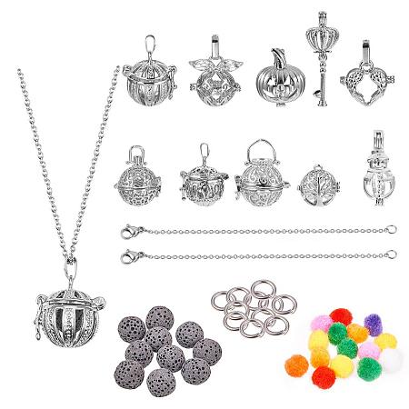 NBEADS 10 Pcs Mix Shape Aromatherapy Essential Oil Diffuser Perfume Necklace with 10 Pcs Lava Beads, 10 Pcs Pompoms, 10 Pcs Jump Ring and 2 Pcs Chains Locket Pendant Charms