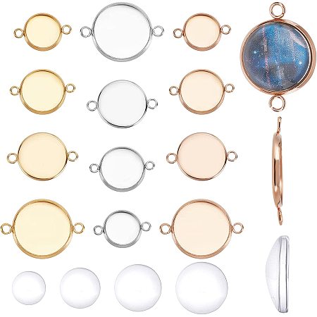 SUNNYCLUE 1 Box 48Pcs Stainless Steel Cabochon Settings Kit 4 Sizes Bezel Tray Connectors with Double Loop Flat Round Links Connector & 4 Sizes Transparent Glass Cabochons for Jewelry Making
