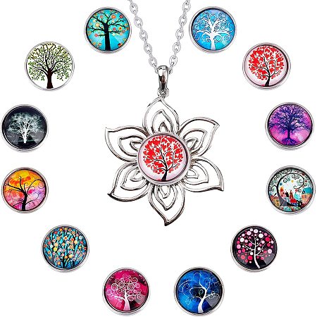 SUNNYCLUE 1 Box 12 Style Glass Snap Buttons Tree of Life Charm Large Charms for Jewelry Making Breakaway Glass Button Tree Cabochons Long Sweater Stainless Steel Chain Big Pendant Necklace 30Inch