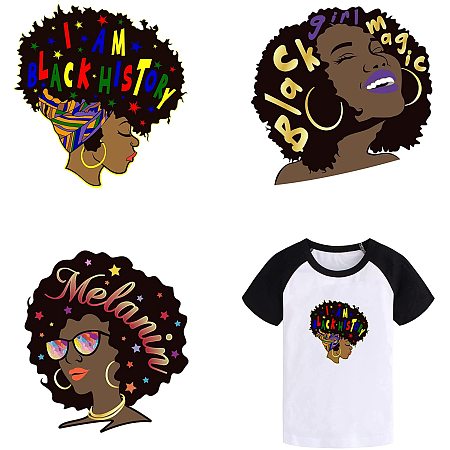 Arricraft 4pcs PET Black Girl Iron-on Heat Transfer Stickers Iron On Patches Washable Heat Transfer Stickers Clothes Patch Appliques for DIY Clothes Repair and Decoration 9x9in
