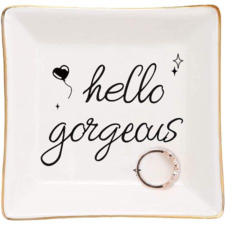 Arricraft Porcelain Square Trinket Dish Hello Gorgeous Text Pattern Ceramic Jewelry Tray Ring Holder Small Jewelries Plate Girls'Gift Home Decor About 4.1x4.1x1.1 inch(10.5x10.5x2.7cm)