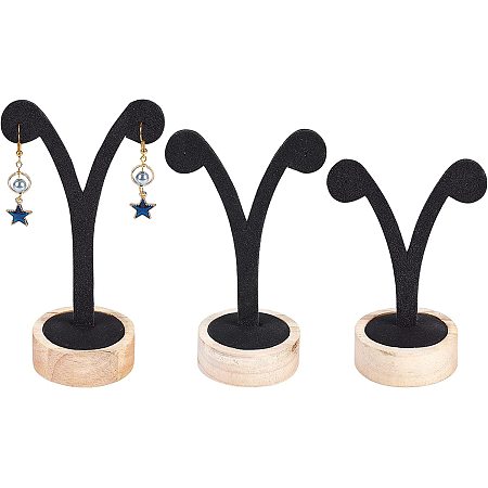 FINGERINSPIRE 3 Pcs Solid Wood Earrings Display Stand Earring T-bar Stand Covered with Microfiber Retail Display Holder Jewelry Photography Display Props Organizer (Black, Height 3.9 & 4.7 & 5.2 Inch)