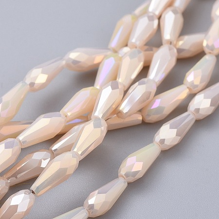 Honeyhandy Electroplated Opaque Glass Beads Strands, Full Rainbow Plated, Faceted, Teardrop, Bisque, 9~10x4mm, Hole: 0.8mm, about 70~72pcs/strand, 25.98 inch~27.95 inch(66~71cm)