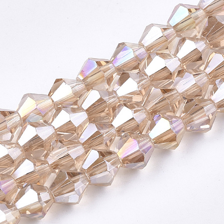 Honeyhandy Electroplate Glass Beads Strands, AB Color Plated, Faceted, Bicone, Light Salmon, 6x5.5~6mm, Hole: 1mm, about 47~48pcs/strand, 10.83 inch(27.5cm)