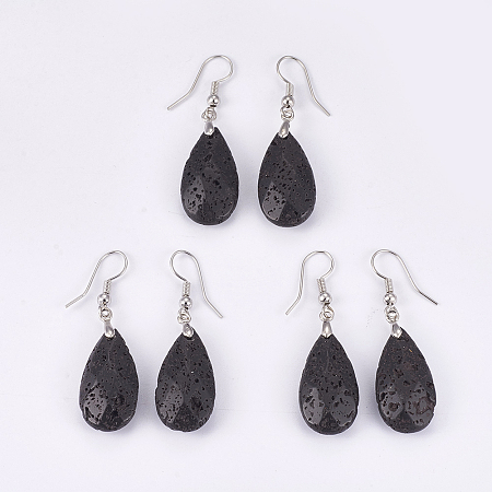 Honeyhandy Natural Lava Rock Dangle Earrings, with Brass Findings, teardrop, Faceted, Platinum, 45~49mm, Pin: 0.7mm, Pendant: 24~26x13x6~7mm