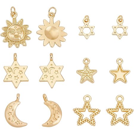 BENECREAT 24Pcs 6 Style Moon Star Sun Alloy Charms Pendants 18K Gold Plated Pendants with Jump Ring for DIY Earring Jewelry Making