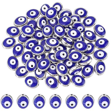 NBEADS 60 Pcs Evil Eye Beads, 12mm Oval Blue Eye Beads Double-Sided Enamel Charms Evil Eye Spacer Beads for DIY Necklace Pendant Jewelry Making, Hole: 1.4mm