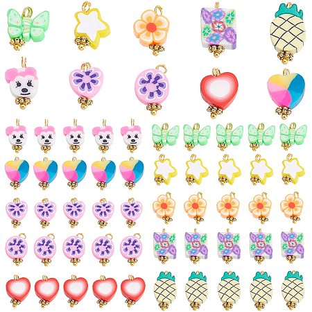 PandaHall Elite 100pcs Polymer Clay Pendant 10 Styles Rainbow Heart Clay Charms Colorful Cute Butterfly Rabbit Strawberry Flower Fruit Animal Charm with Brass Findings for Boho Jewelry Making