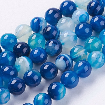 Honeyhandy Round Dyed Natural Striped Agate/Banded Agate Beads Strands, Royal Blue, 8mm, Hole: 1mm, about 48pcs/strand, 15.2 inch