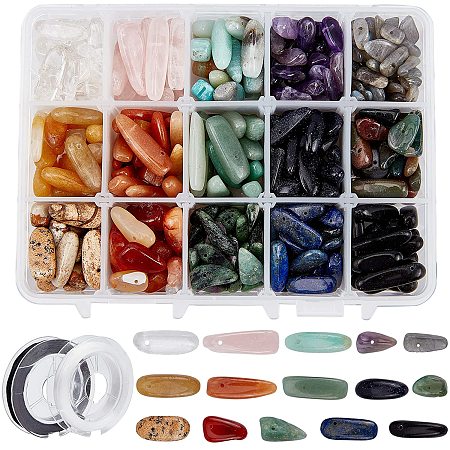 NBEADS 1 Box Crystal Chips Beads, 15 Materials Chips rregular Beads Natural Gemstones Beads with 2 Rolls Elastic Thread for Jewelry Making DIY Crafts, About 5~9mmx12~25mm