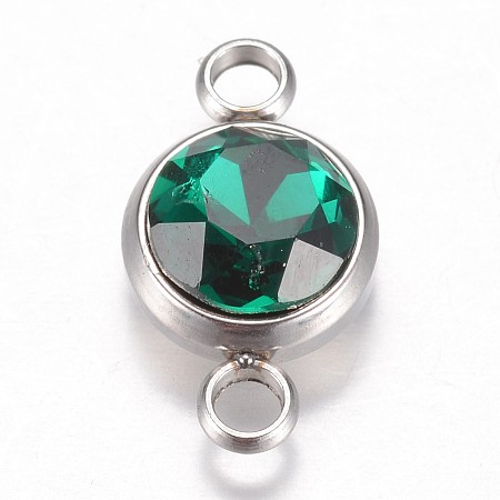 Honeyhandy Glass Links connectors, Faceted, with 304 Stainless Steel Findings, Flat Round, Stainless Steel Color, Emerald, 17.5x10x6.5mm, Hole: 2.5mm