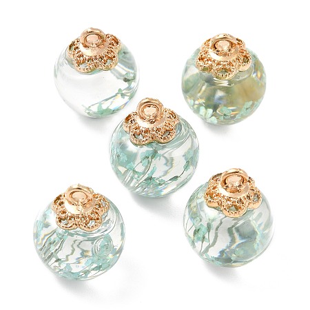 Arricraft Glass Dried Flower Big Pendants, with Alloy Findings, Round, Light Gold, Light Green, 21x16mm, Hole: 2mm