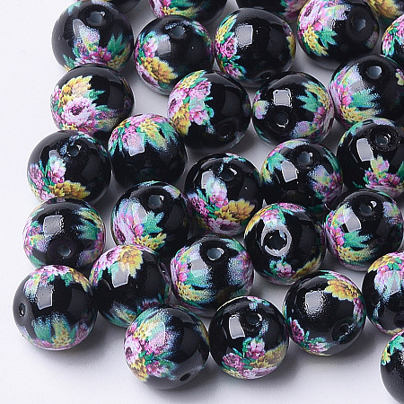 Arricraft Printed & Spray Painted Glass Beads, Round with Flower Pattern, Black, 10~10.5x9.5mm, Hole: 1.6mm