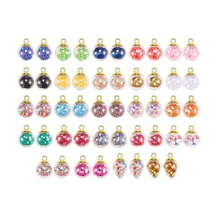 Transparent Glass Globe Pendants, with Glass Micro Beads & Resin Rhinestone & Plastic Paillette/Sequins Beads inside, CCB Plastic Pendant Bails, Round, Light Gold, Mixed Color, 48pcs/box