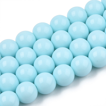 Opaque Solid Color Glass Beads Strands, Round, Light Sky Blue, 9.5~10mm, Hole: 1.5mm, about 40~42pcs/strand, 14.76~15.12 inch(37.5~38.4cm)