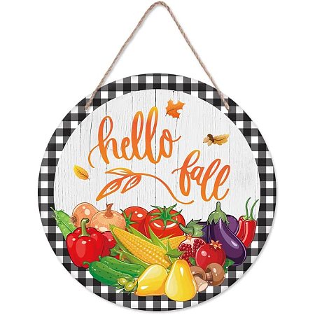 Arricraft Hello Fall Wooden Flat Round Hanging Door Sign Colorful Vegetables and Fruits Pattern Wood Sign Wall Hanging Decor for Farmhouse Porch Front Door Outdoor Decoration 11.8x11.8in