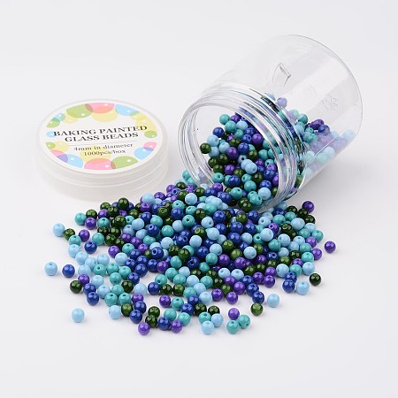 Glass Bead Sets, Ocean Mix, Environmental, Baking Painted, Round, Mixed Color, 4~4.5mm, Hole: 0.7~1.1mm; about 1000pcs/box