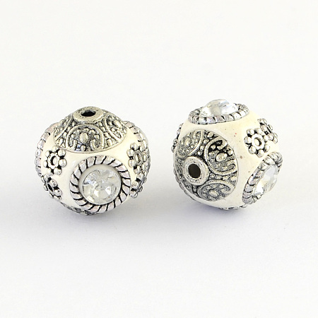 Honeyhandy Handmade Indonesia Round Beads, with Glass Cabochons and Antique Silver Metal Color Double Alloy Cores, White, 14~15x15~16mm, Hole: 2mm