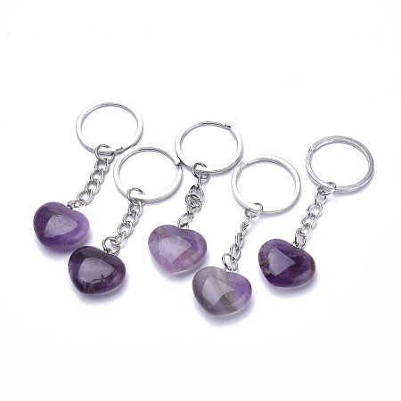 Honeyhandy Natural Amethyst Keychain, with Iron Findings, Heart, 80mm