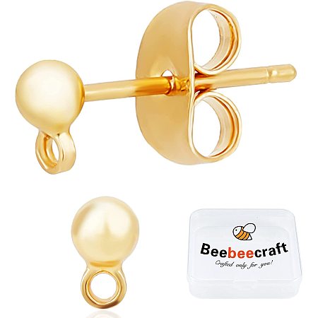 Beebeecraft 1 Box 30Pcs 18K Gold Plated Stud Earrings with Loop Ball Stud Earrings Findings with 30Pcs Butterfly Ear Back for Women Girl Jewellry Making DIY Crafts