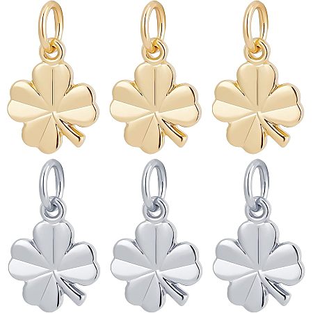 Beebeecraft 40Pcs/Box 2 Colors Four Leaf Clover Charms 18K Gold& Platinum Plated Brass St. Patrick's Day Shamrock Charm Good Luck Pendant with Jump Ring for Jewelry Making