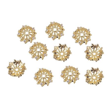 ARRICRAFT About 2pcs Brass Beads Caps, with Cubic Zirconia for Bracelet Necklace Earrings Jewelry Making Crafts, Flower, Real Gold Plated, 12x4mm, Hole: 2mm