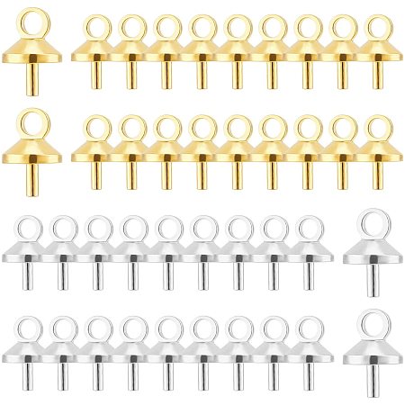 SUNNYCLUE 1 Box 120Pcs 2 Colors Stainless Steel Cup Pearl Bail Pin Peg Pendants Metal Small Hole Cup Pearl Screw Eye Pinch Bails for Half Drilled Beads Charms Jewelry Making