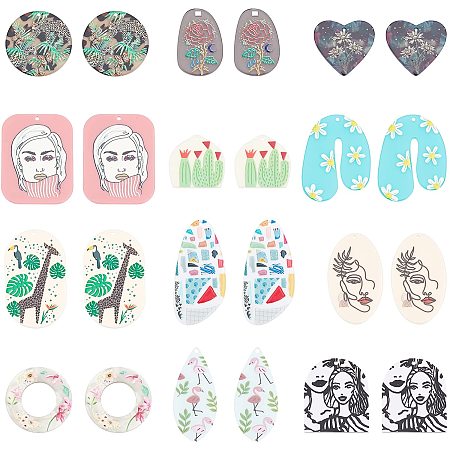 PandaHall Elite 12 Styles Cellulose Acetate Resin Pendants, 24pcs Rose Flower Heart Teardrop Rectangle Donut Resin Charms 3D Printed Big Flower Charms for Jewelry Making and DIY Craft Accessories