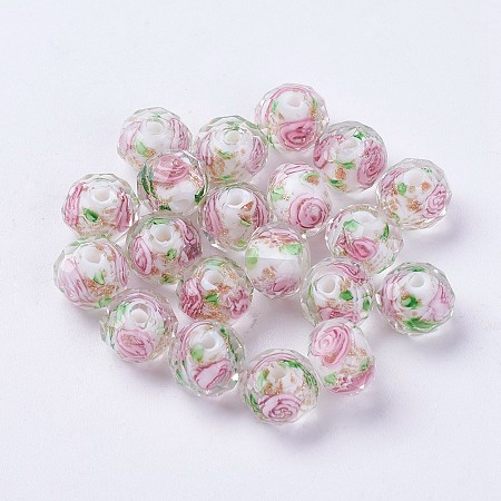 Honeyhandy Handmade Lampwork Beads, Inner Flower, Faceted Rondelle, White, 9x7mm, Hole: 1.5mm