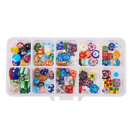 PandaHall Elite About 100 Pcs Millefiori Lampwork Glass Spacer Beads 10 Styles for Jewelry Making Mixed Colors